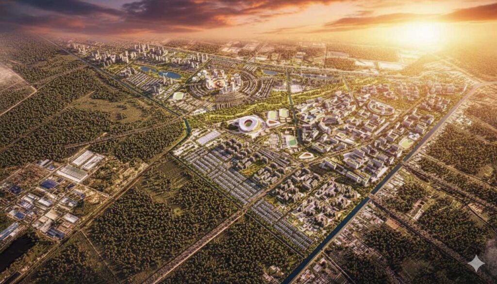 Hình phối cảnh dự án khu đô thị Vinhomes Hóc Môn lúc hoàng hôn buông xuống