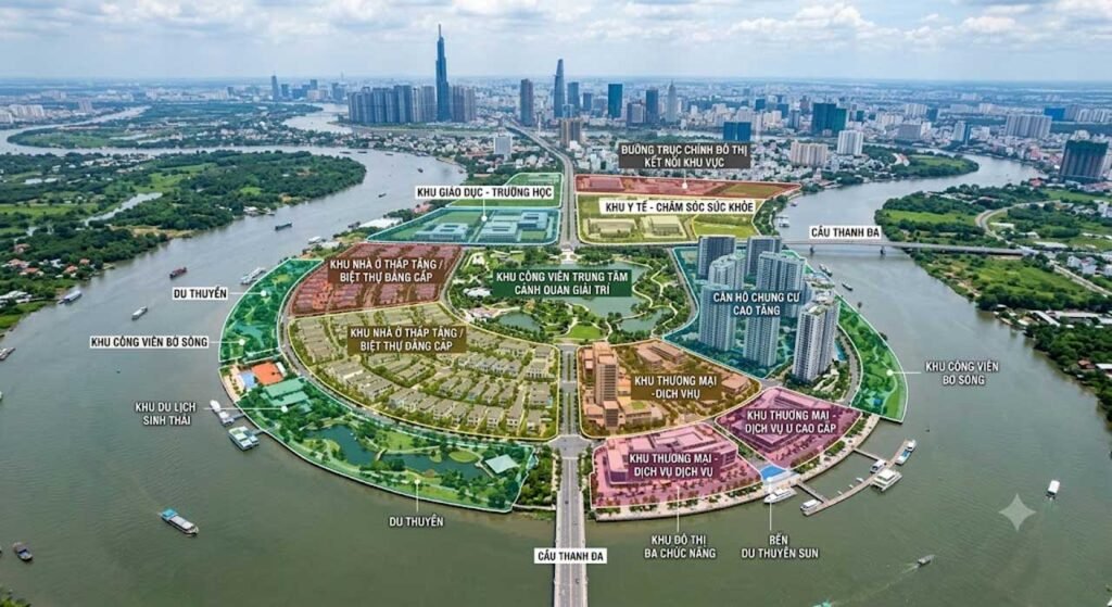 Phối cảnh công viên ngập nước và tòa tháp điểm nhấn tại Sun Thanh Đa