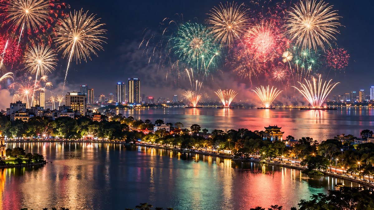 Người dân thưởng thức pháo hoa tại Hà Nội an toàn